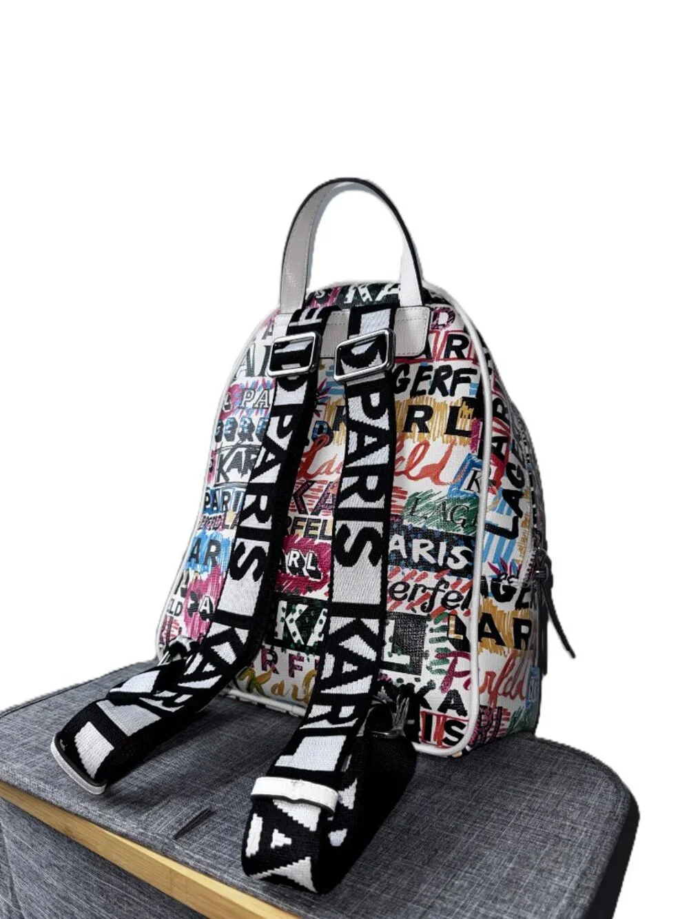 Karl Lagerfeld Paris Graffiti Logo Backpack Multi Color White Graphic Print